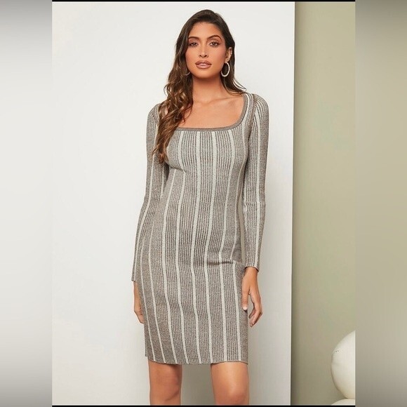 SHEIN UK - Striped Pattern Square Neck Knit Bodycon Dress - sz S/M NWOT - Picture 1 of 9